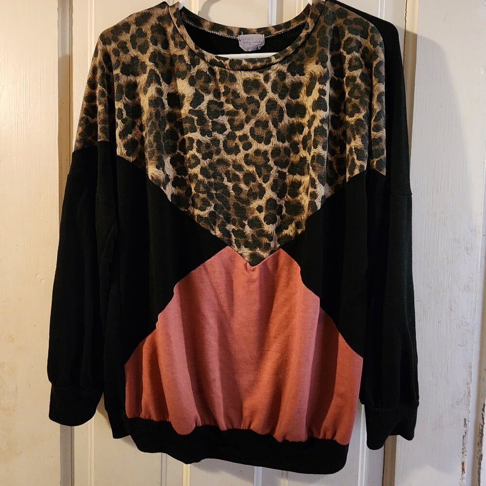 Lovely Melody leapard print long sleeved Women's shirt, loose fit size M to XL